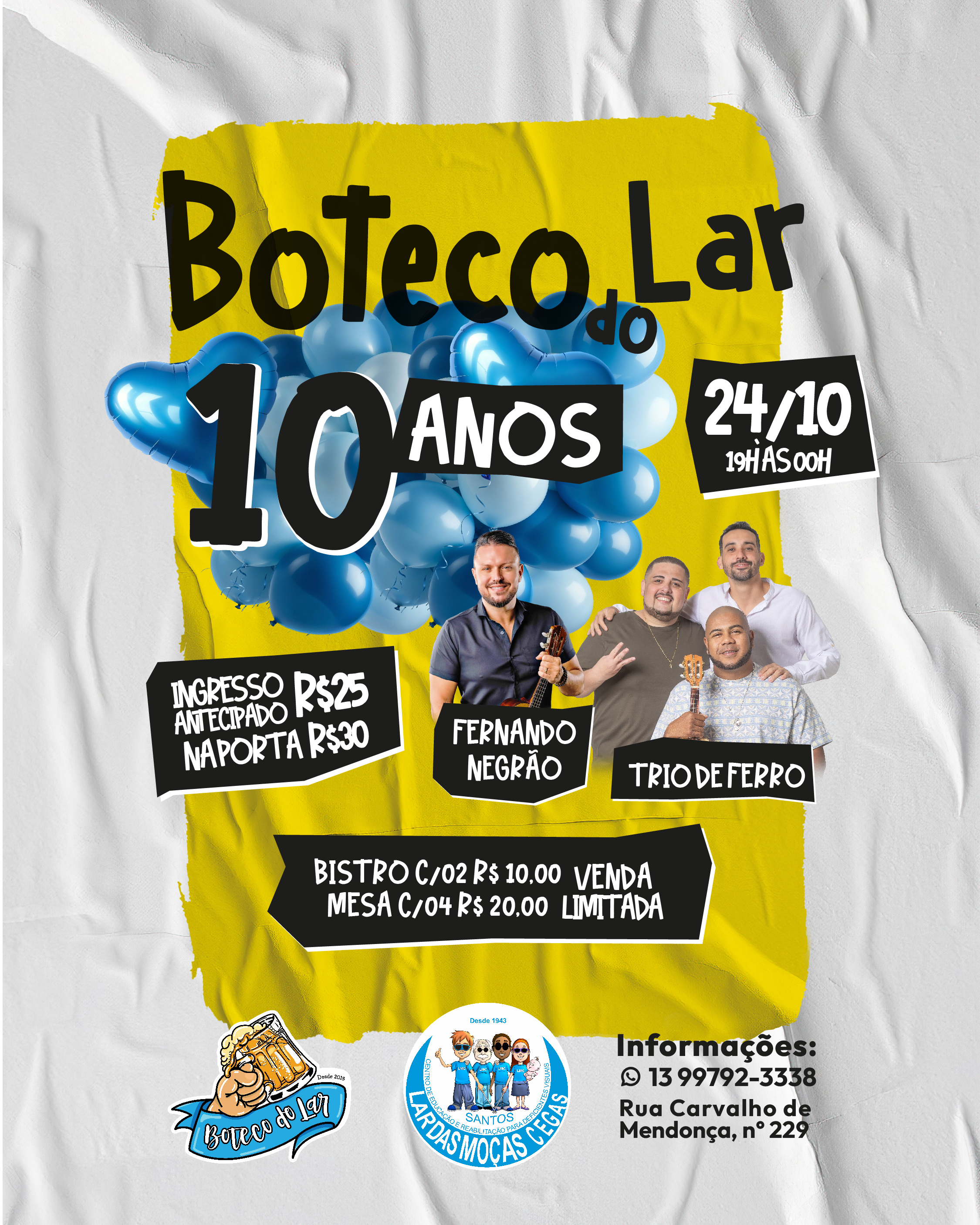 Venha prestigiar 10 anos de Boteco do Lar! | Lar das Moças Cegas