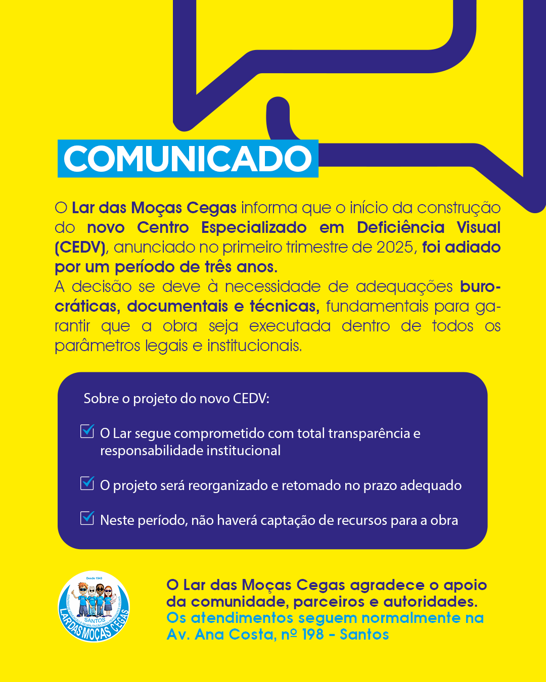 Nota oficial LMC: Adiantamento da construção do novo CEDV | Lar das Moças Cegas