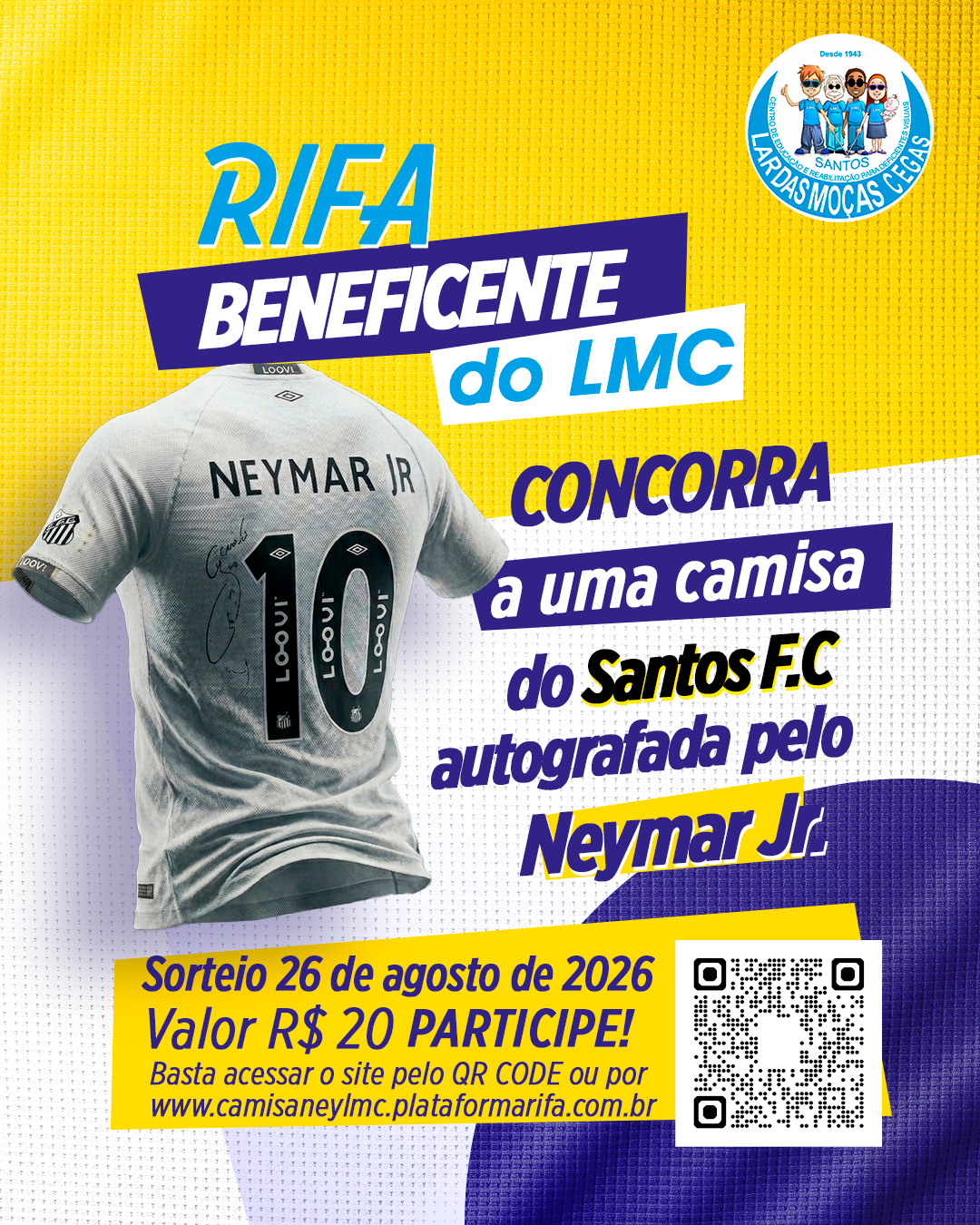 Concorra a uma camisa do Santos F.C autografada pelo Neymar Jr. | Lar das Moças Cegas